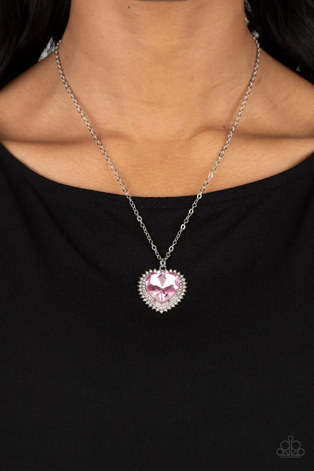 "Sweethearts Stroll" Silver Metal White/Pink Rhinestone Double Halo Heart Necklace Set