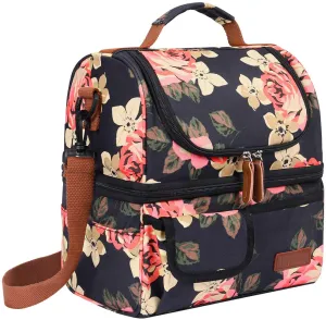 Rynx | LOKASS Lunch bags for women Double layered Insulated lunch box Large cooler bag with removable shoulder strap Wide opening Thermal meal prep Lunch organizing box for adults/Work/Outdoors, Black Peony