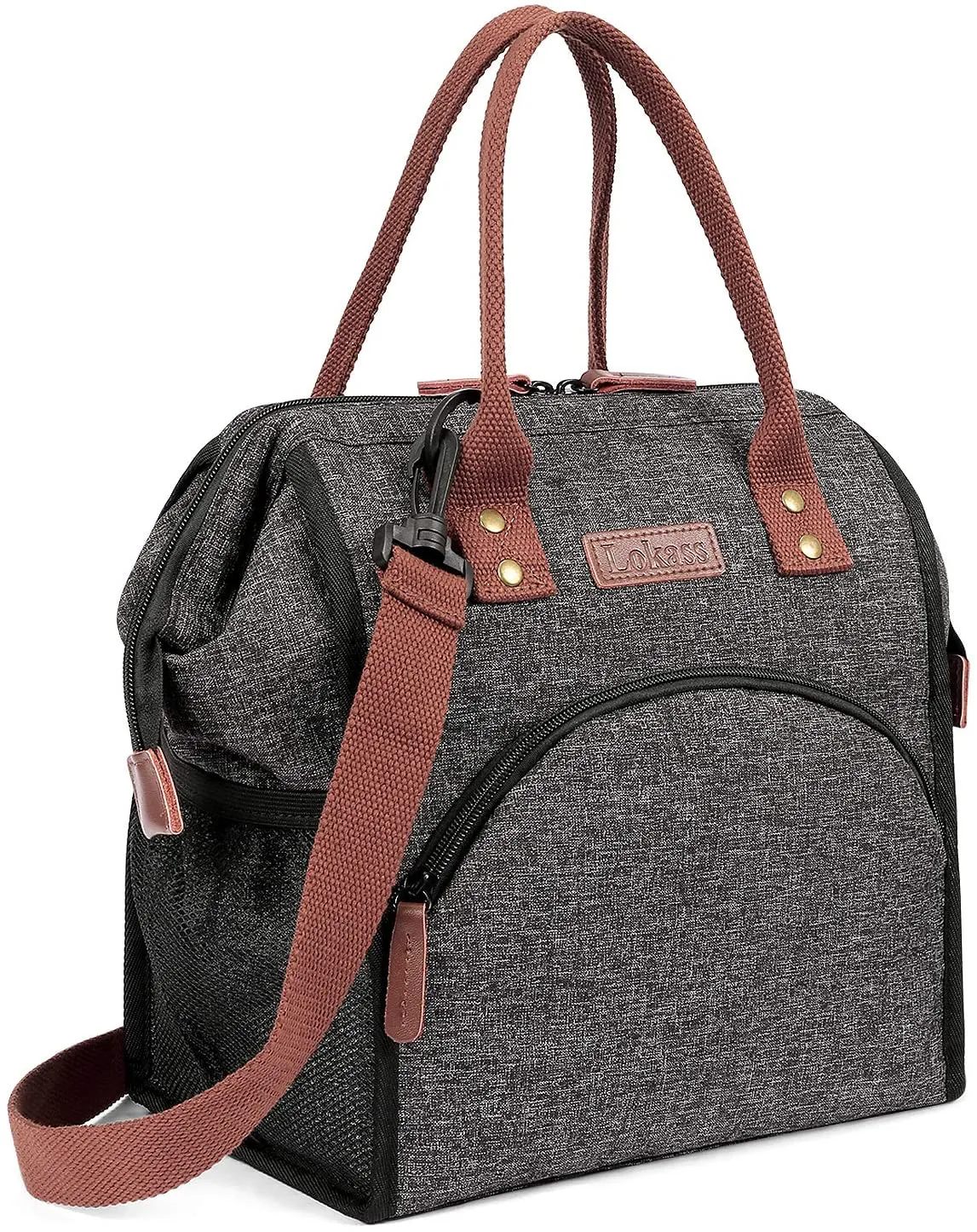 Rynx | LOKASS Lunch Box Insulated Lunch Bag Wide-Open Lunch Tote Bag Large Drink Holder Durable Nylon Snacks Organizer with Removable Shoulder Strap for Women Men Adults Work Outdoor, Black
