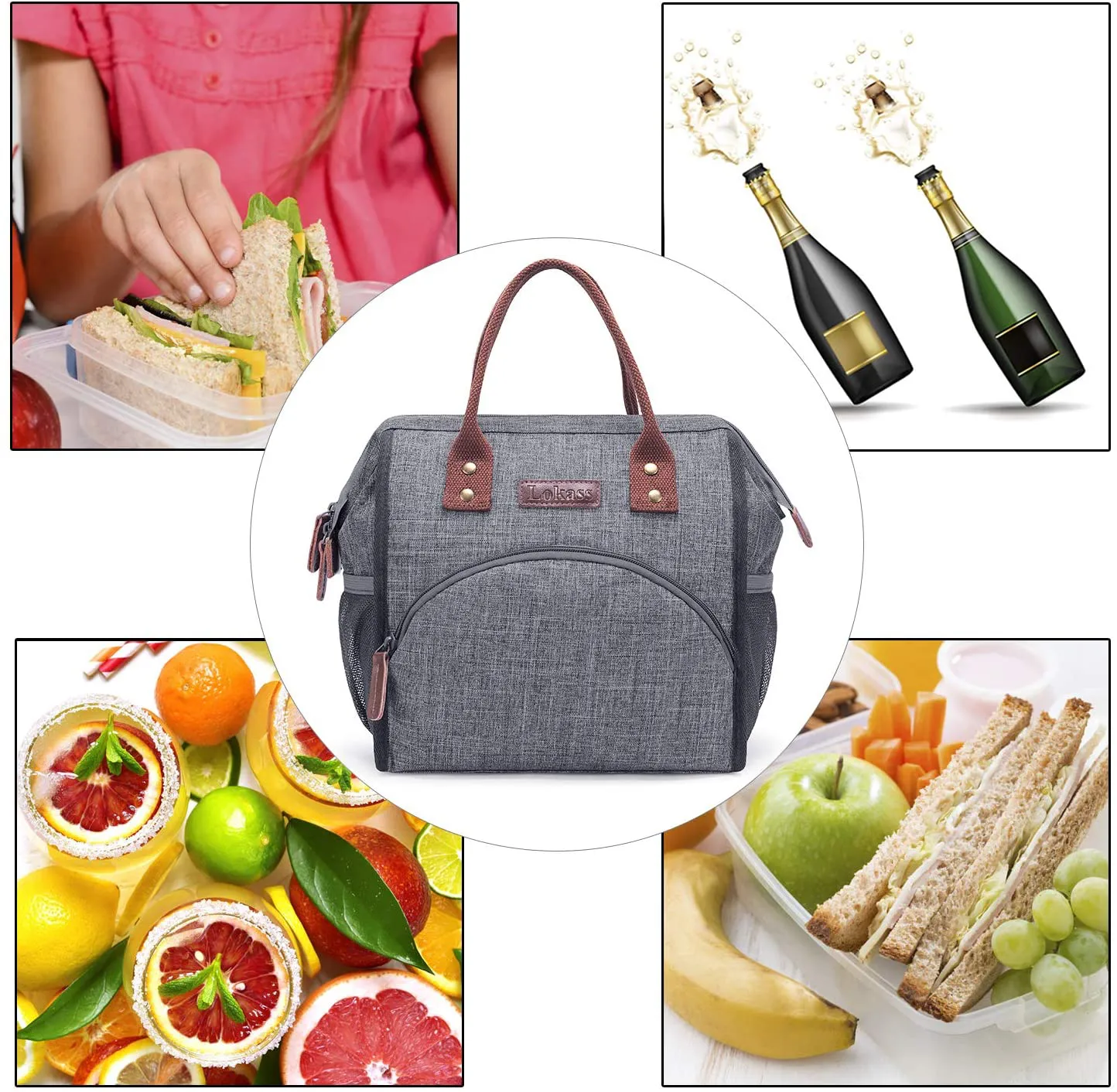 Rynx | LOKASS Lunch Box Insulated Lunch Bag Wide-Open Lunch Tote Bag Large Drink Holder Durable Nylon Snacks Organizer with Removable Shoulder Strap for Women Men Adults Work Outdoor, Black