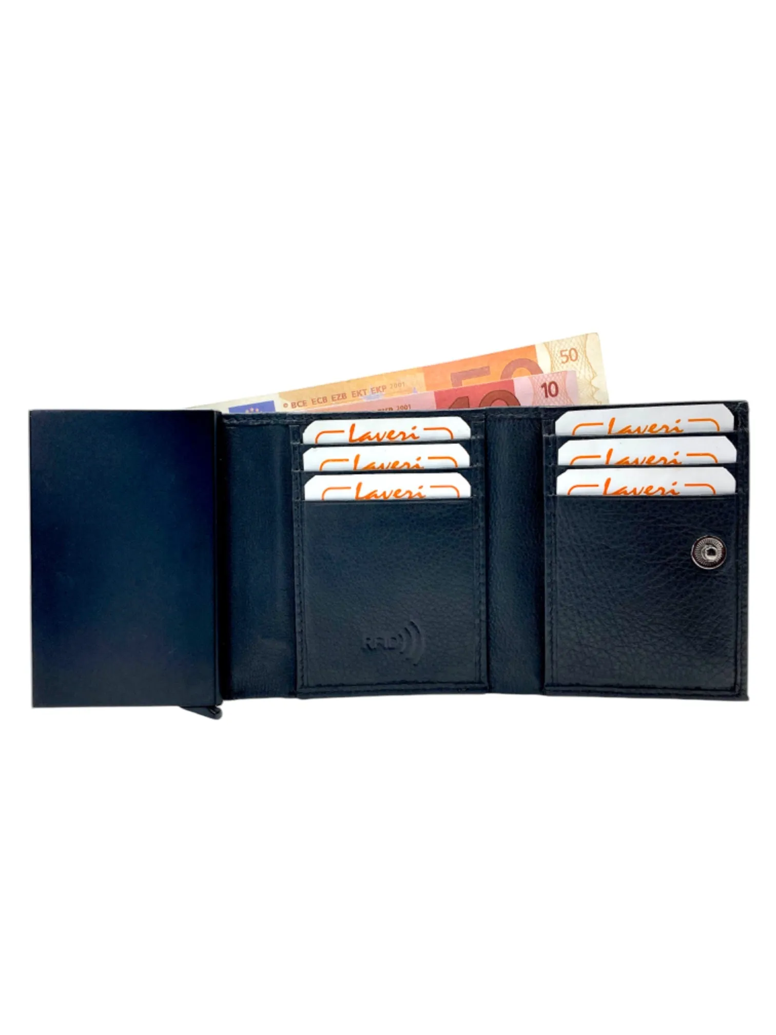 Smart Pop-Up Metallic Card Holder Tri-Fold Wallet in Leather RFID BOX # TRI-4522.NEW-Buton
