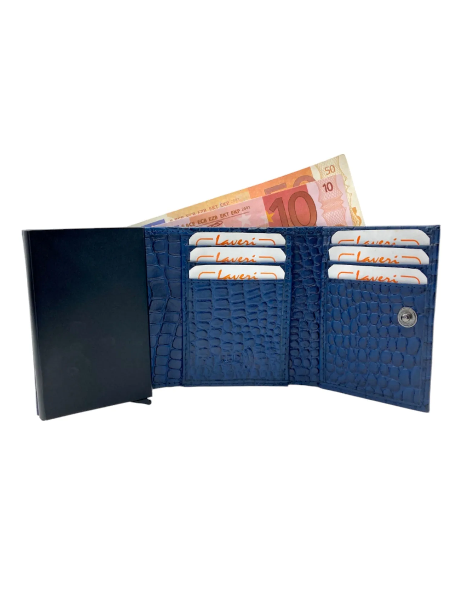 Smart Pop-Up Metallic Card Holder Tri-Fold Wallet in Leather RFID BOX # TRI-4522.NEW-Buton