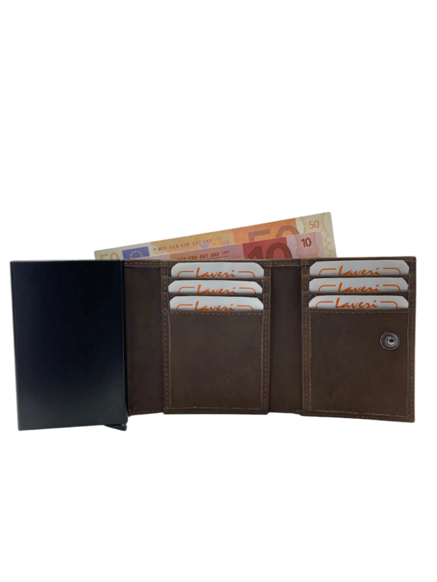 Smart Pop-Up Metallic Card Holder Tri-Fold Wallet in Leather RFID BOX # TRI-4522.NEW-Buton
