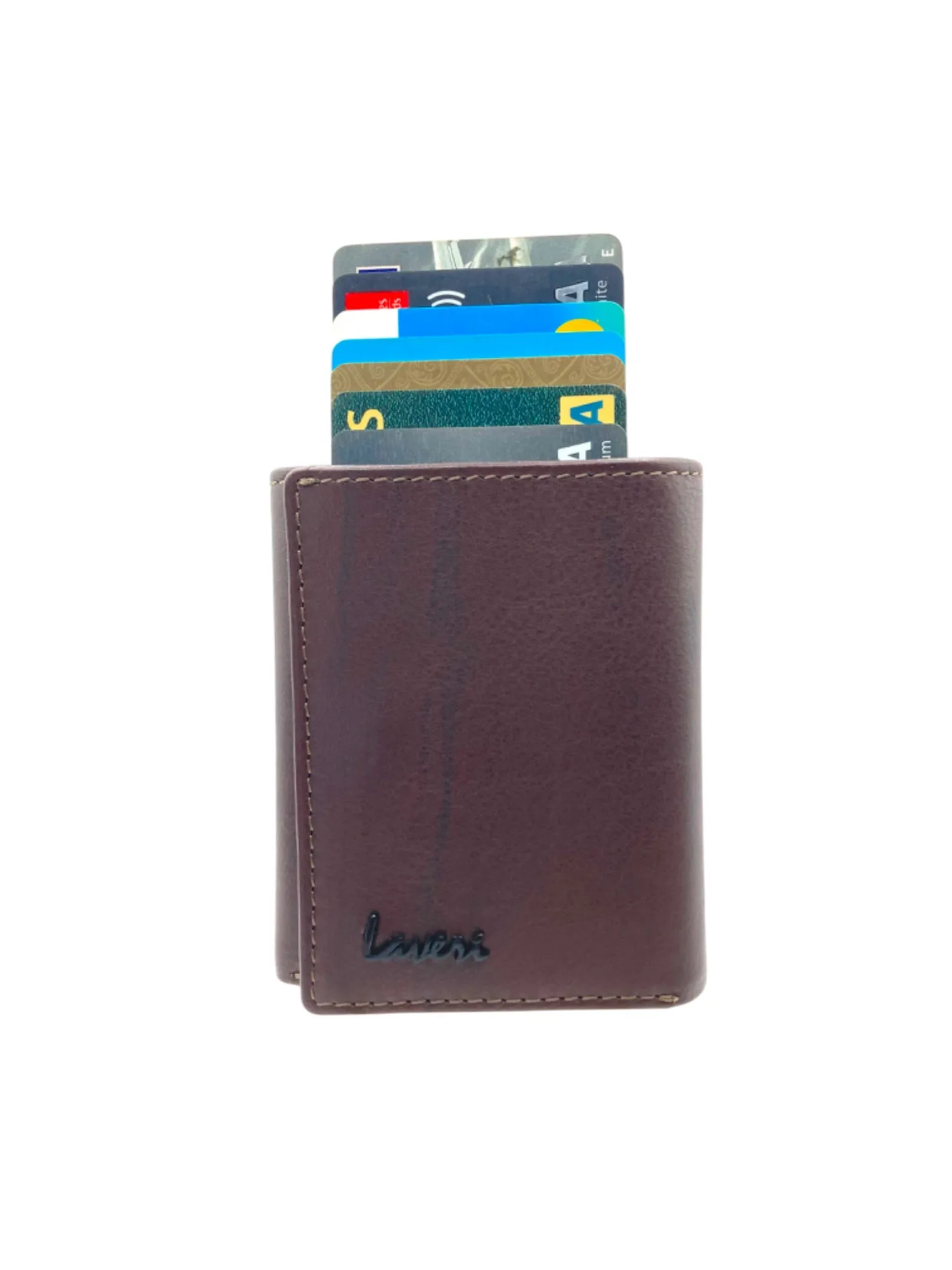 Smart Pop-Up Metallic Card Holder Tri-Fold Wallet in Leather RFID BOX # TRI-4522.NEW-Buton