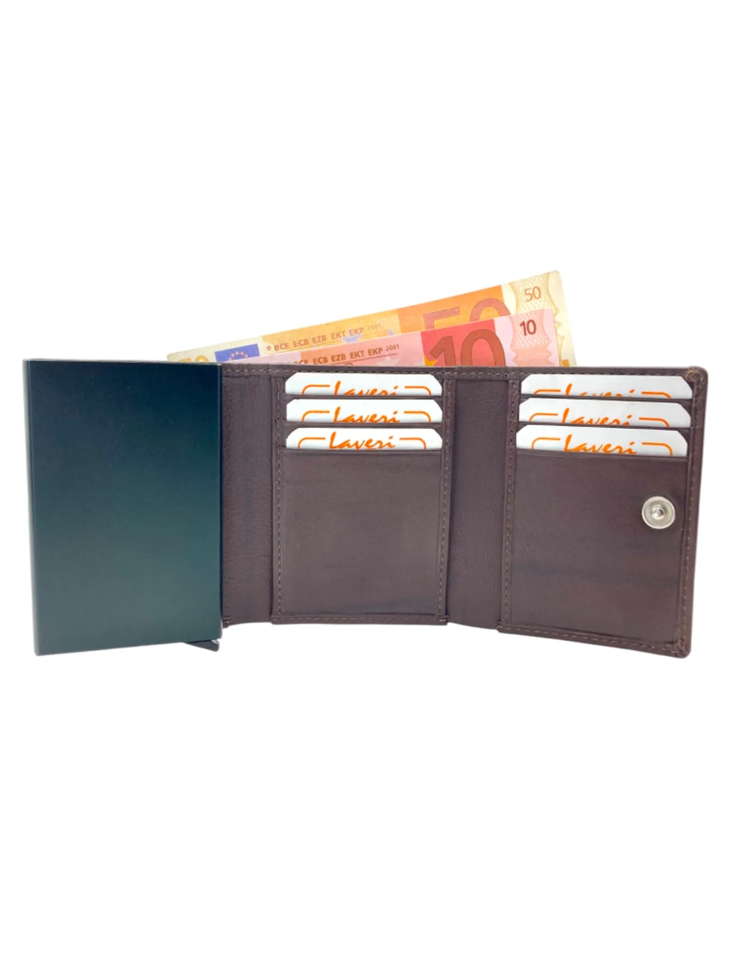 Smart Pop-Up Metallic Card Holder Tri-Fold Wallet in Leather RFID BOX # TRI-4522.NEW-Buton
