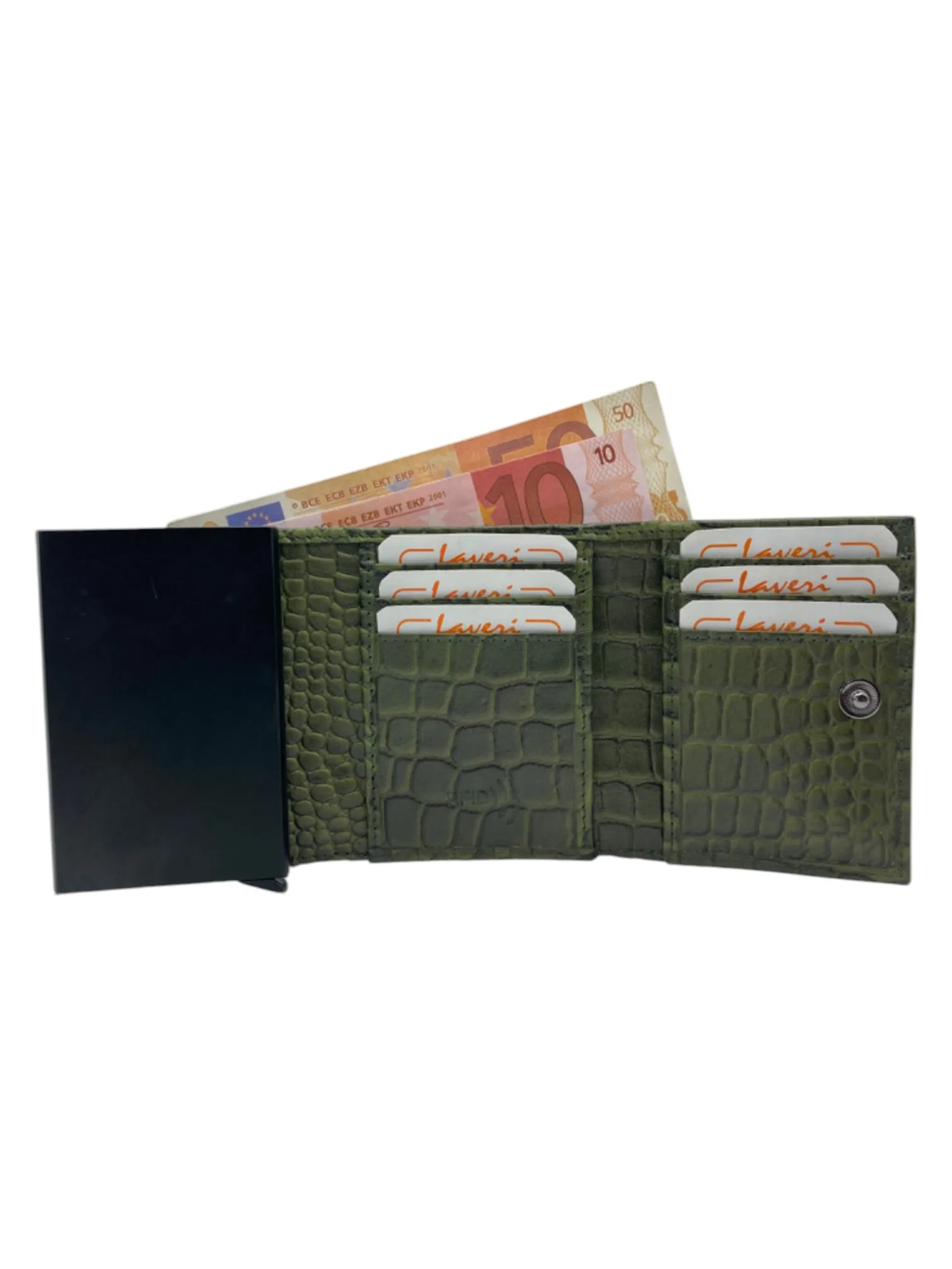 Smart Pop-Up Metallic Card Holder Tri-Fold Wallet in Leather RFID BOX # TRI-4522.NEW-Buton