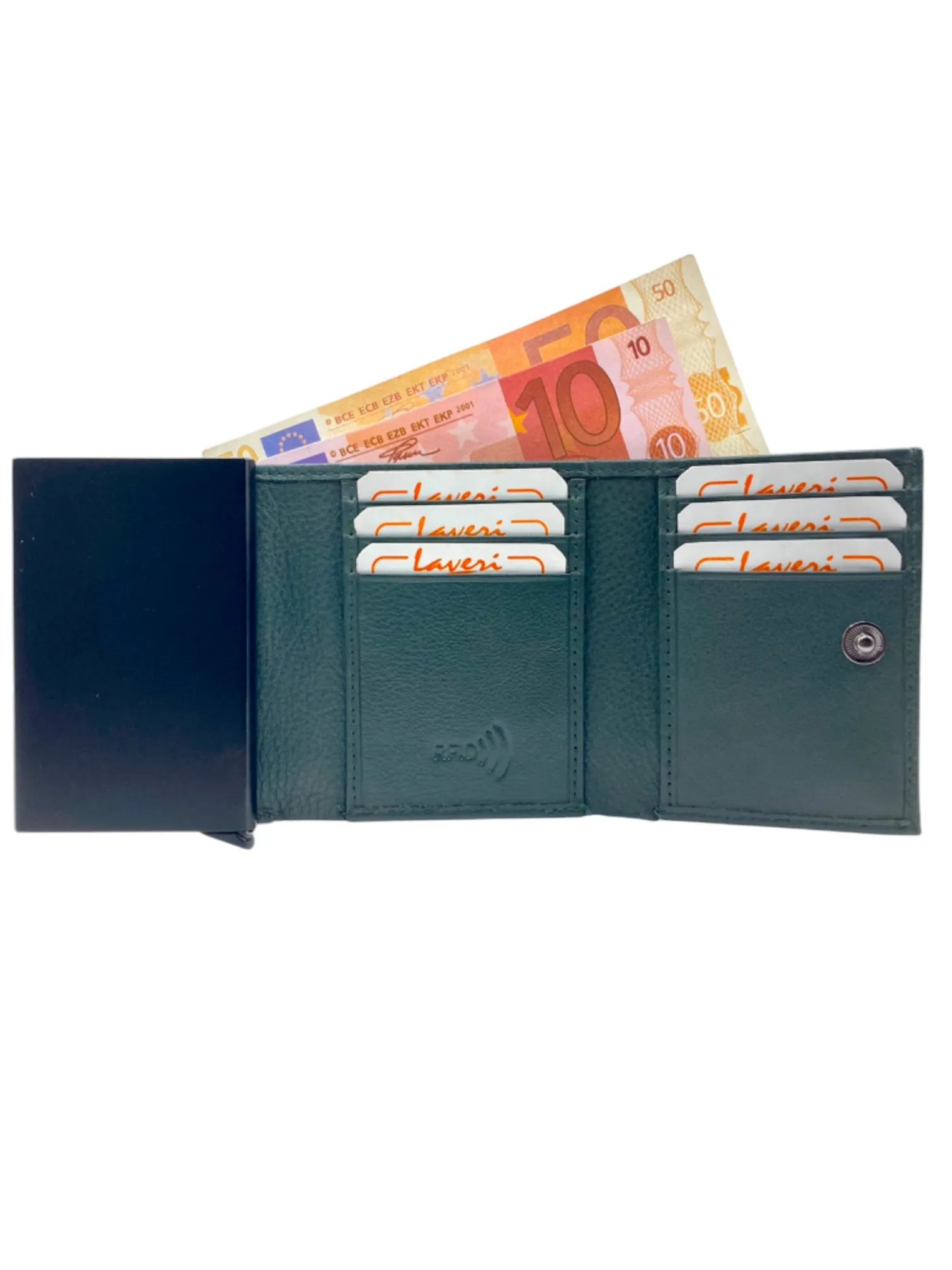 Smart Pop-Up Metallic Card Holder Tri-Fold Wallet in Leather RFID BOX # TRI-4522.NEW-Buton