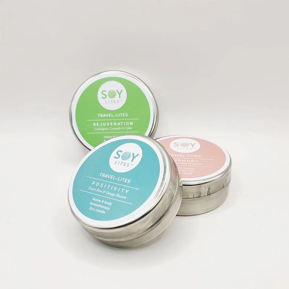 SoyLites Travel Lite Moisturising Candle Gift Pack - Harmony, Rejuvenation & Positivity (3x 55ml)