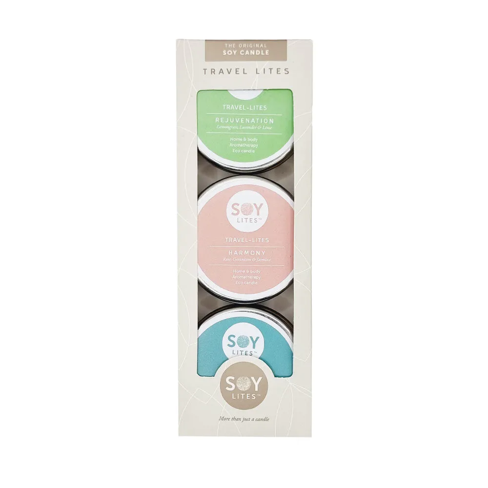 SoyLites Travel Lite Moisturising Candle Gift Pack - Harmony, Rejuvenation & Positivity (3x 55ml)