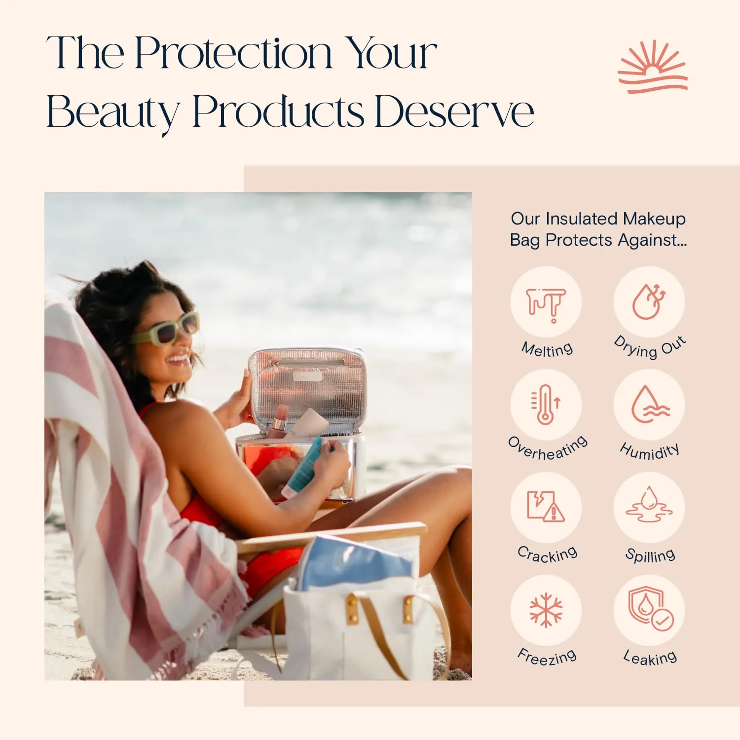 Stay Golden Large Insulated Makeup Bag - Waterproof Vegan Leather Beauty Travel Skincare Bag - Heat-Resistant Zippered Toiletry Designer Makeup Bag Shields Cosmetics from Melting, Freezing & Spoiling