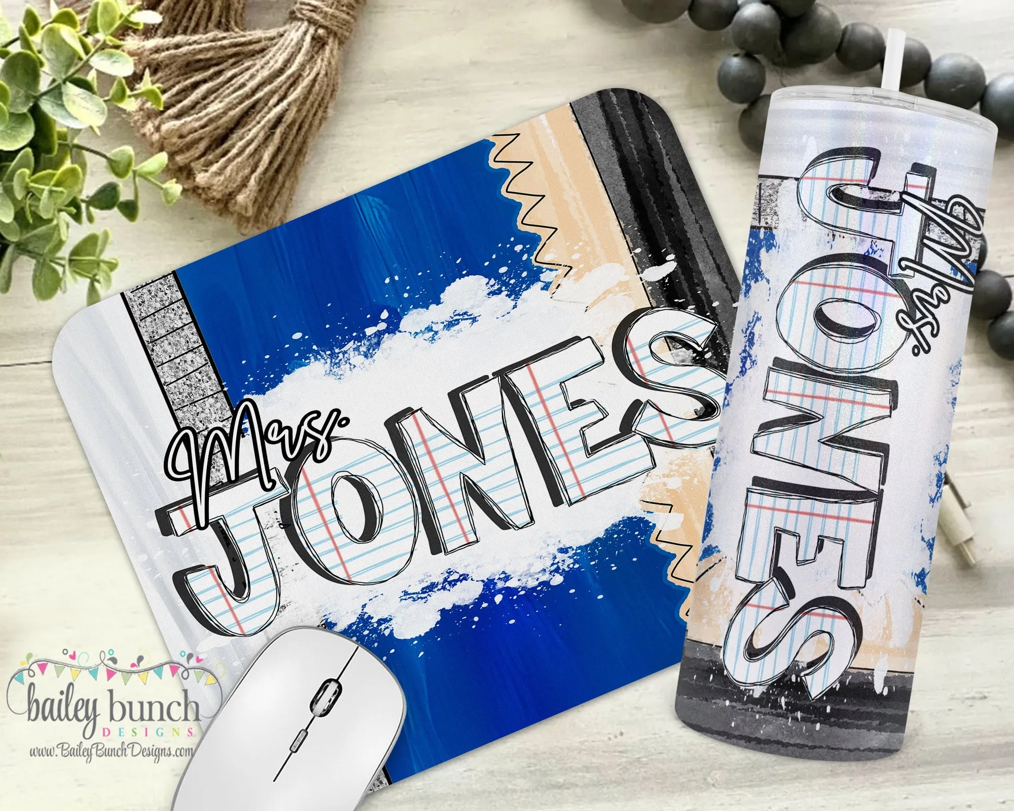 Teacher BLUE Pencil Shimmer Tumbler & Mouse Pad Gift Set Bundle 2PENCILBLUE0520