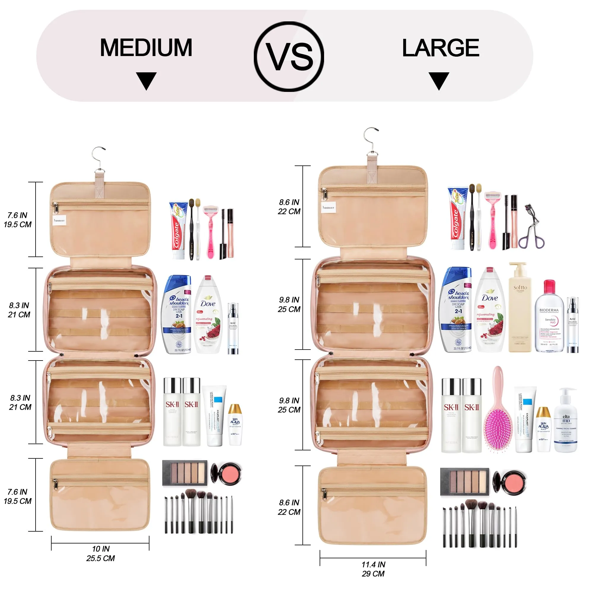 Travel Hanging Toiletry Bag for Women, Extra Large Makeup Bag, Holds Full-Size Shampoo, with Jewelry Organizer Compartment, Waterproof Cosmetic Bag, Toiletries Kit Set with Trolley Belt, Baby Pink