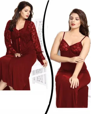 Wedding Nighty - FL-0078 Maroon - Flourish 2 Piece Nightwear